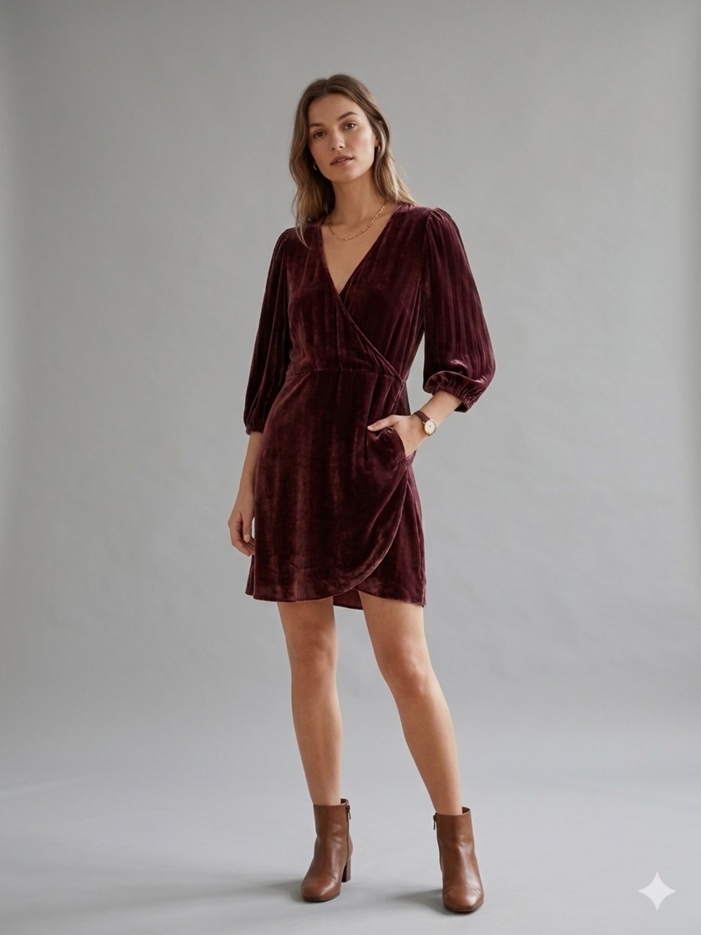 Aritzia Wilfred Velvet Wrap-Style Burgundy Mini Dress
